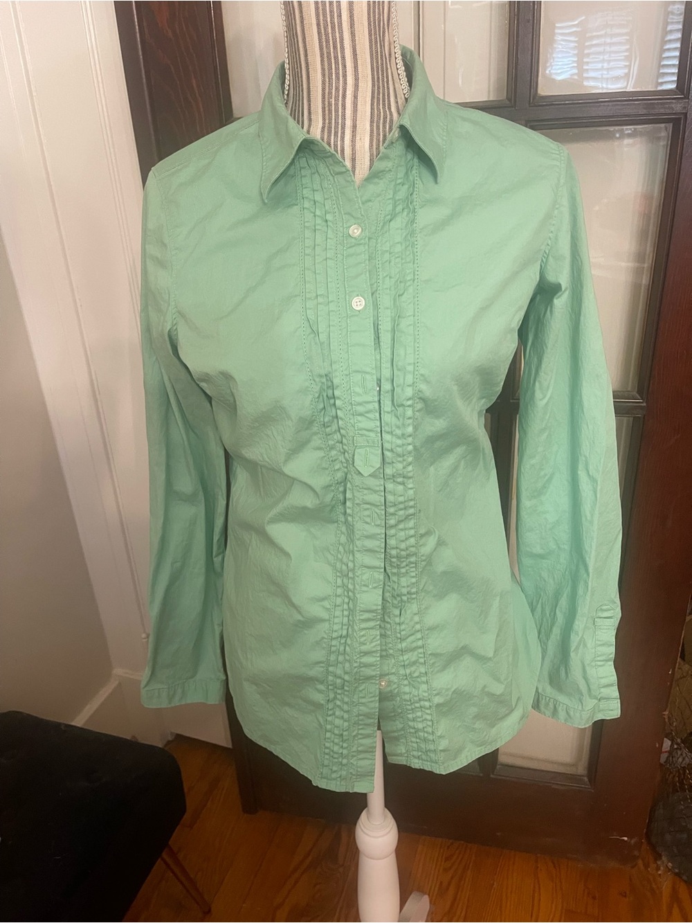 Eddie Bauer Light Mint Green Ruffled Front Button-Down Shirt